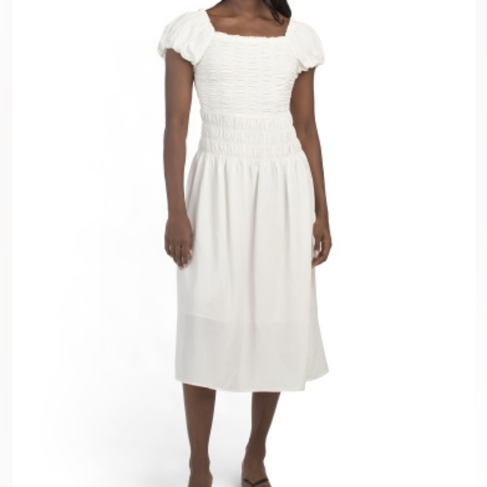 NWT - Kourt Linen Blend White Malta Smocked Midi Dress - Size L